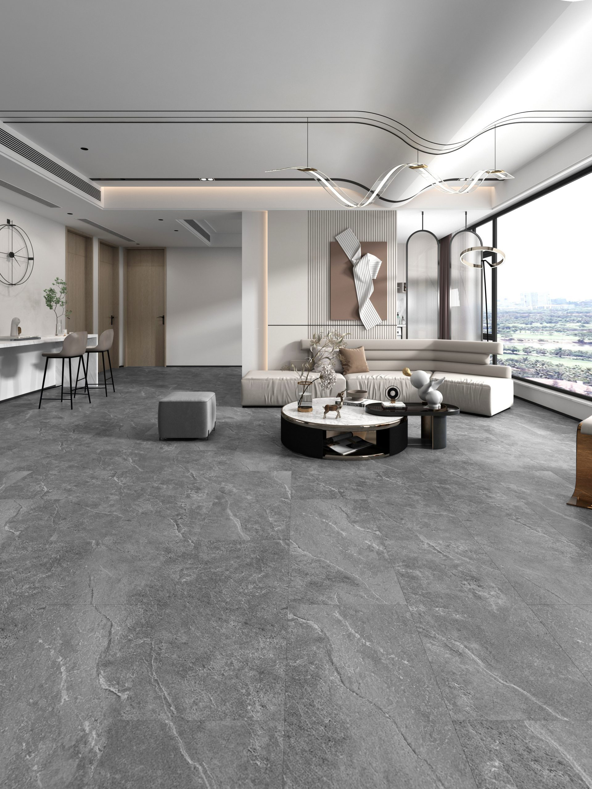 大理石纹石晶地板效果图小蓝鲸石晶ML126